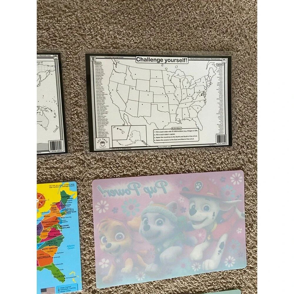 Lot of 8 Kids Educational & Character Placemats Tot Talk USA World Map Disney